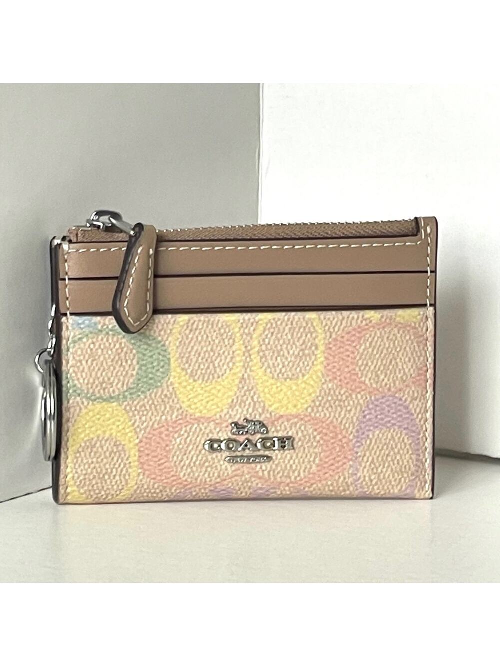 Coach Mini Skinny ID Case Rainbow Signature Canvas Yellow Keyring CDF92